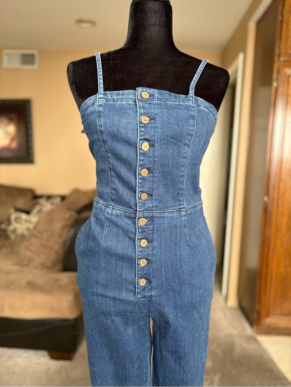 Free People Stretch Denim Button-Front Jumpsuit - Blue size 4
